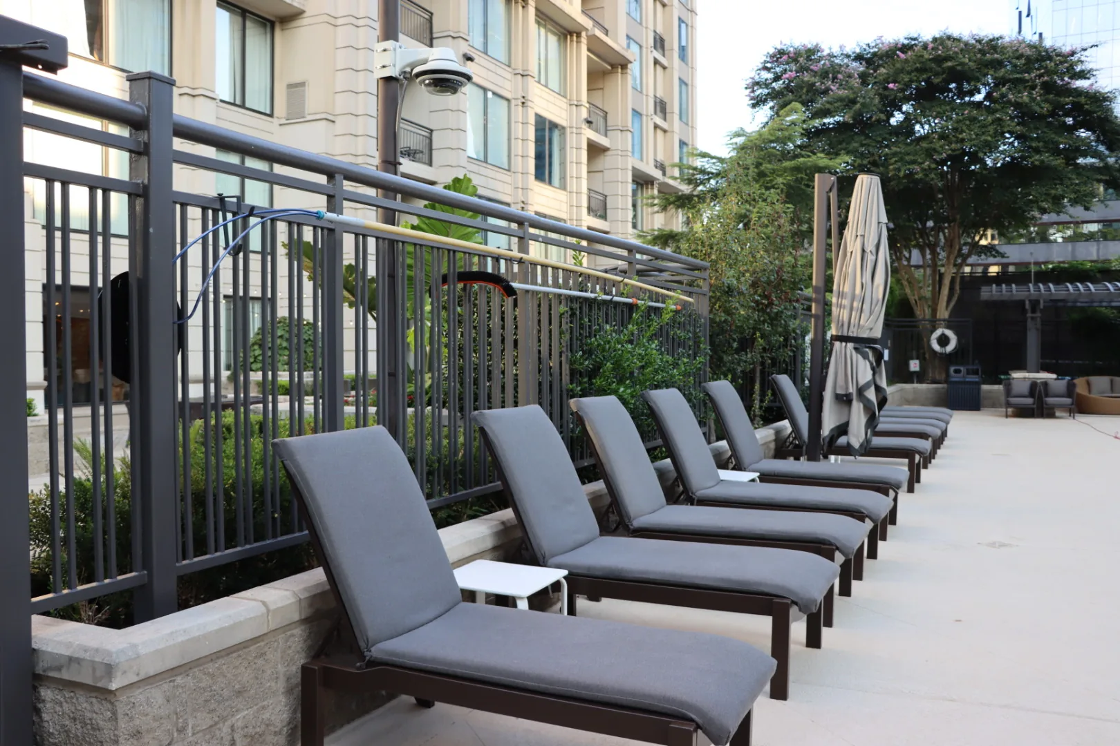 Chaise loungers along the pool deck