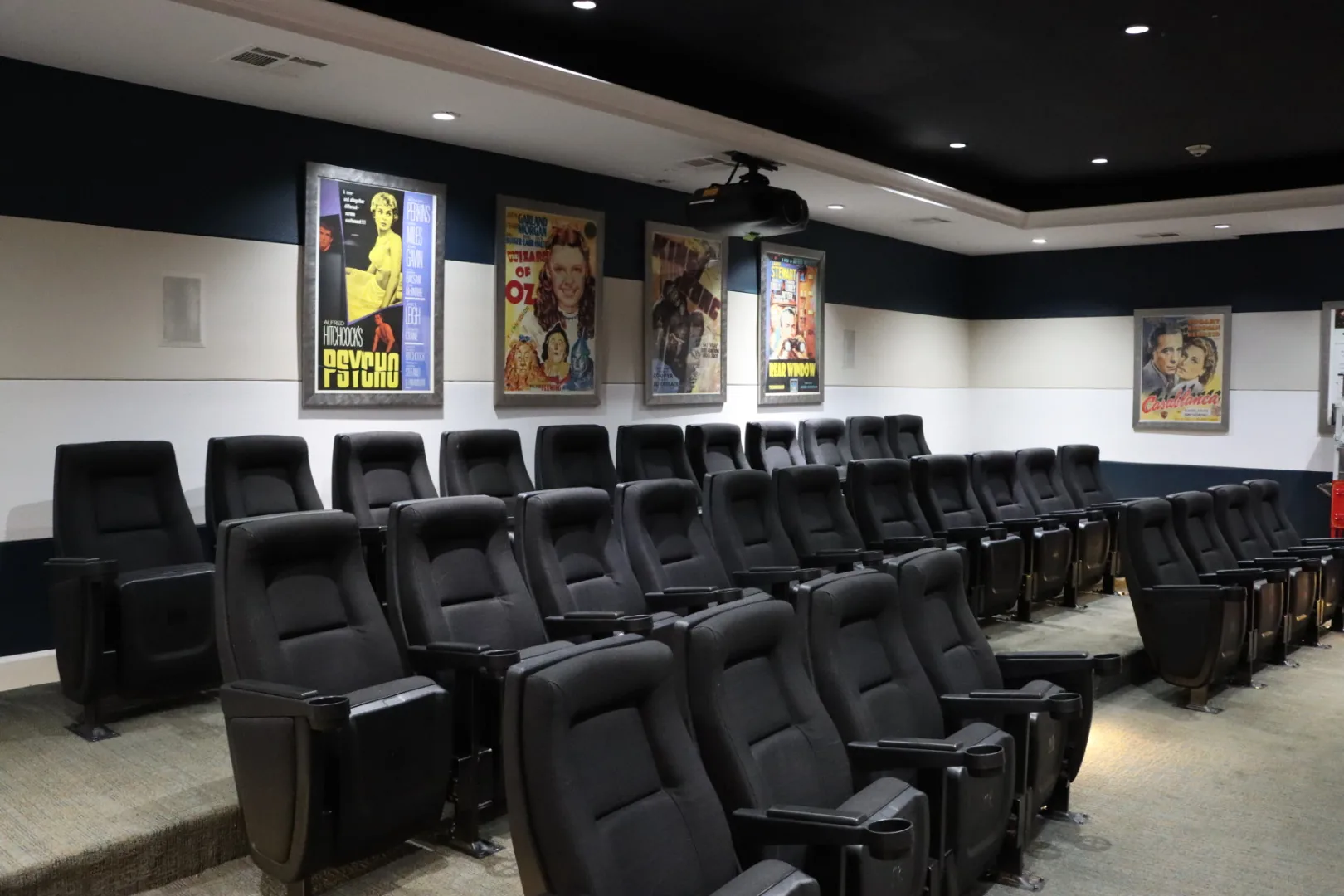 The indoor screening theater with tiered recliner seating